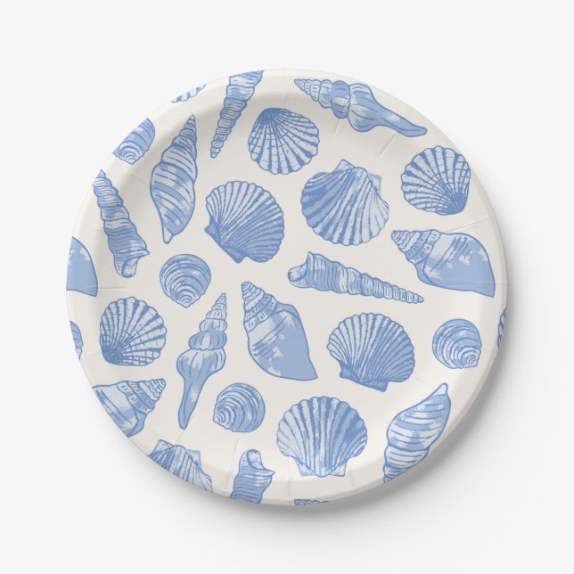 Assiettes En Carton Coquillages Bleus Peints (Devant)