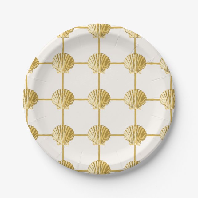 Assiettes En Carton Coquillages côtiers dorés peints (Devant)