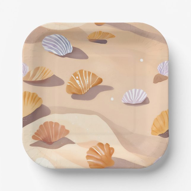 Assiettes En Carton Coquillages dans le Sable | Aquarelle Océan Plage (Recto)