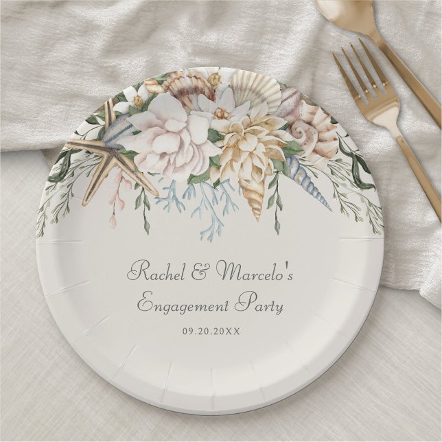 Assiettes En Carton Coquillages de plage Mariage floral (Créateur téléchargé)