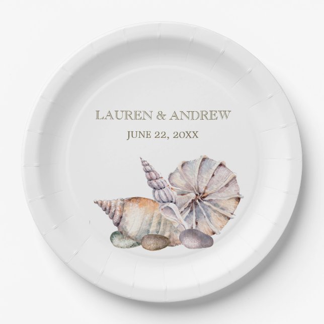 Assiettes En Carton Coquillages De Plage | Mariage tropical nautique (Devant)