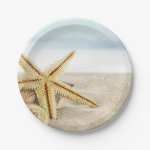 Assiettes En Carton Coquillages d'étoiles de mer de plage sablonneuse