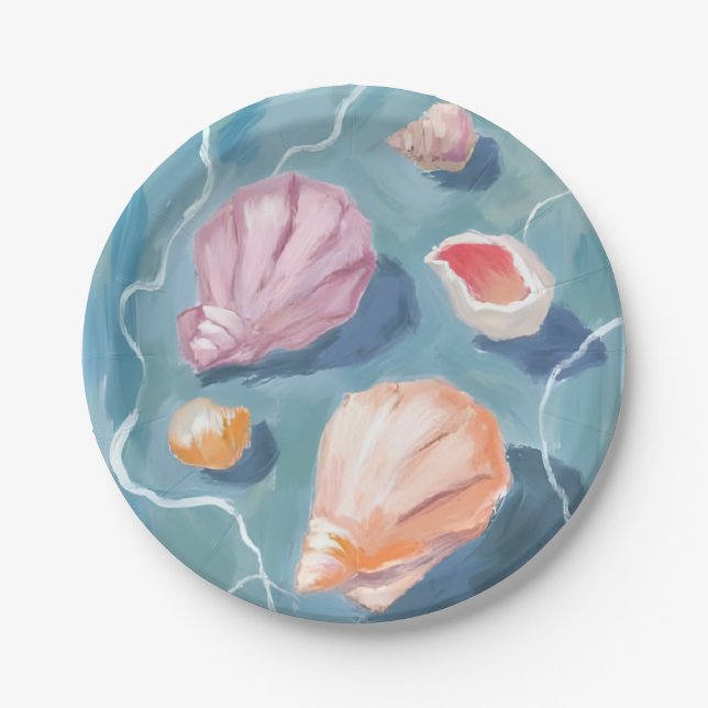 Assiettes En Carton Coquillages océaniques aquarelle côte plage mer (Devant)