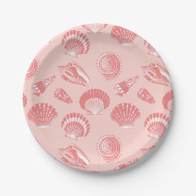 Assiettes En Carton Coquillages - rose de corail et blanc (Devant)