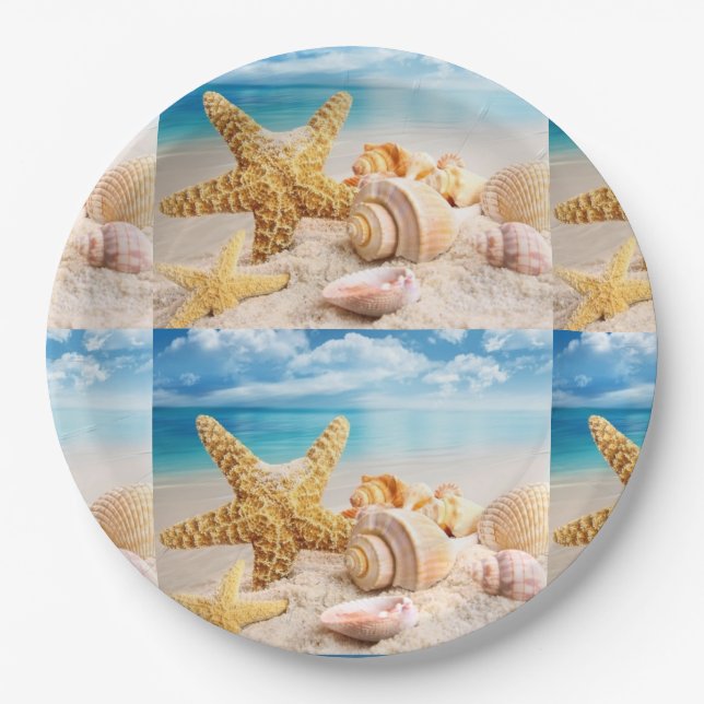 Assiettes En Carton Coquillages sur la plage Plaques en papier (Devant)