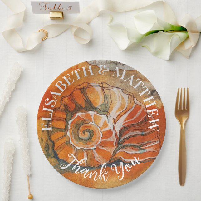 Assiettes En Carton Coquille Sur La Plage Aquarelle Dessin Nautique (Mariage)