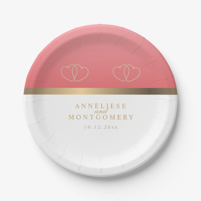 Assiettes En Carton Corail et blanc avec coeur d'or (Devant)