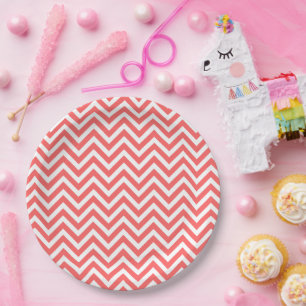 Assiettes En Carton Corail et blanc Chevron