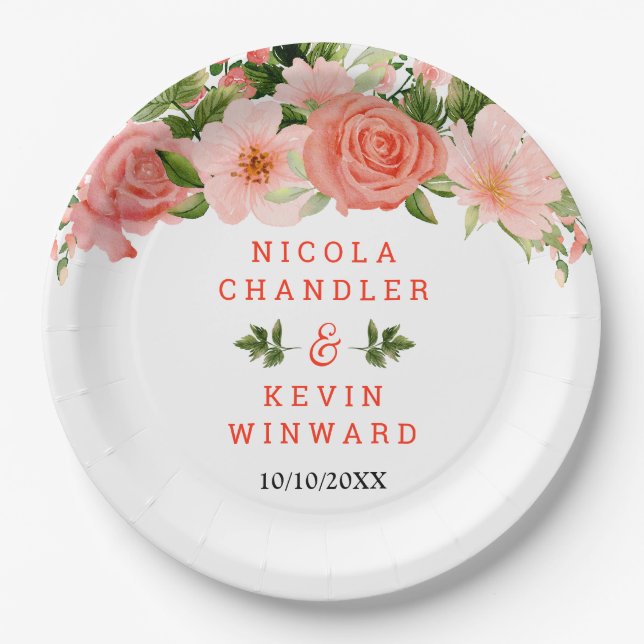 Assiettes En Carton Coral Red Roses with Foliage (Devant)