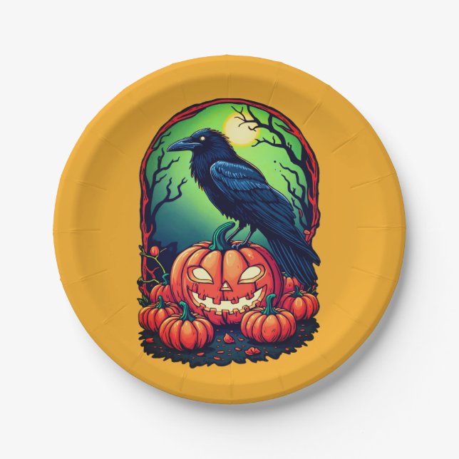 Assiettes En Carton Corbeau d'Halloween dans un Patch Citrouille (Devant)