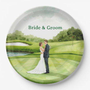 Assiettes En Carton Cortège de mariage de golf avec la mariée et le ma
