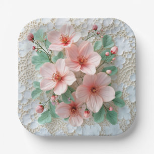 Assiettes En Carton Cosmos Rose Fleurs De Mariage Sur Dentelle