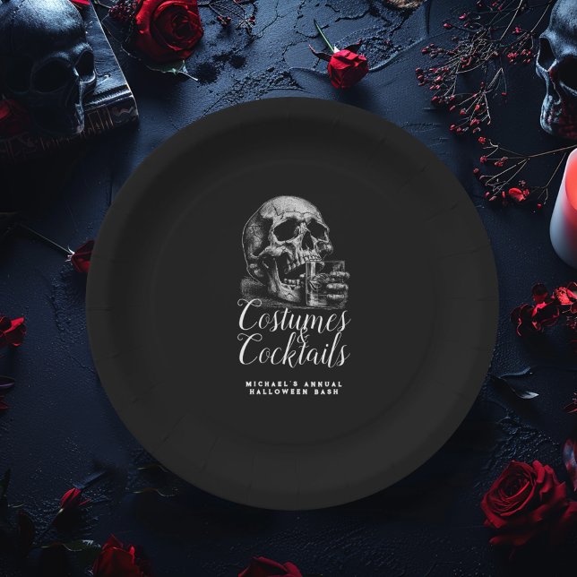 Assiettes En Carton Costume et cocktails Crâne noir Halloween (Créateur téléchargé)