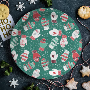 Assiettes En Carton Cosy hiver Noël Mittens Motif en vert