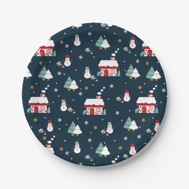 Assiettes En Carton Cosy Winter Night Village et Snowmen (Devant)