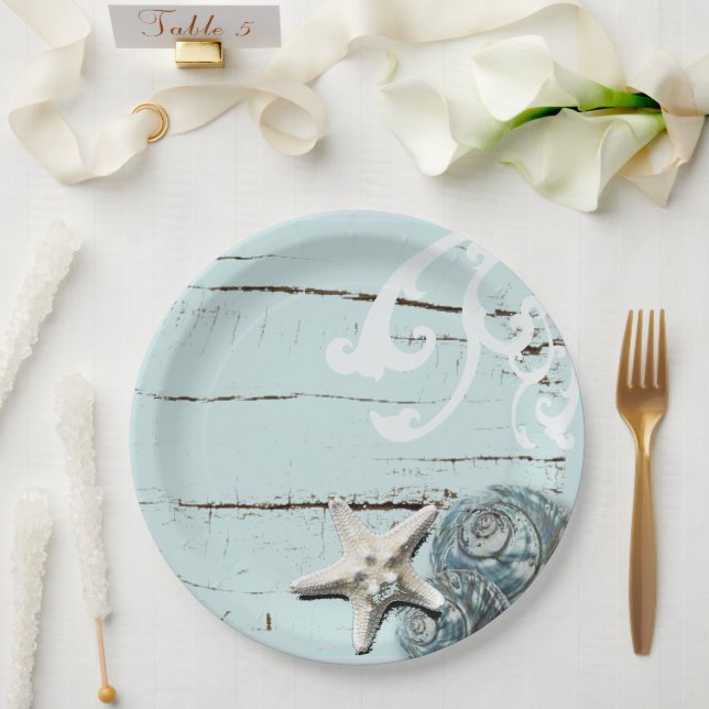 Assiettes En Carton Côté aqua bleu plage bois étoile coquillage (Mariage)