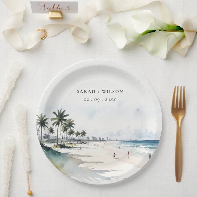 Assiettes En Carton Côte Miami Beach Palm Tree Mariage d'aquarelle (Mariage)