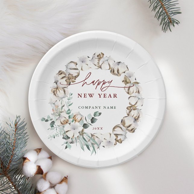 Assiettes En Carton Cotton Flower Wreath Happy New Year Holiday (Créateur téléchargé)
