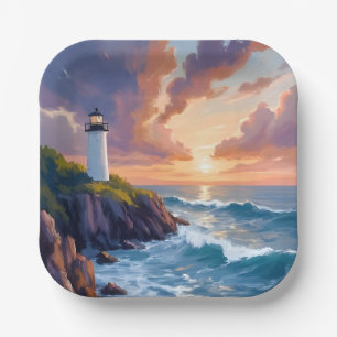 Assiettes En Carton Coucher de soleil du phare côtier   Peinture de l'