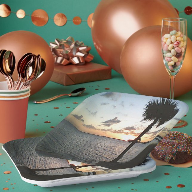 Assiettes En Carton Coucher De Soleil Sur La Plage (Multi)