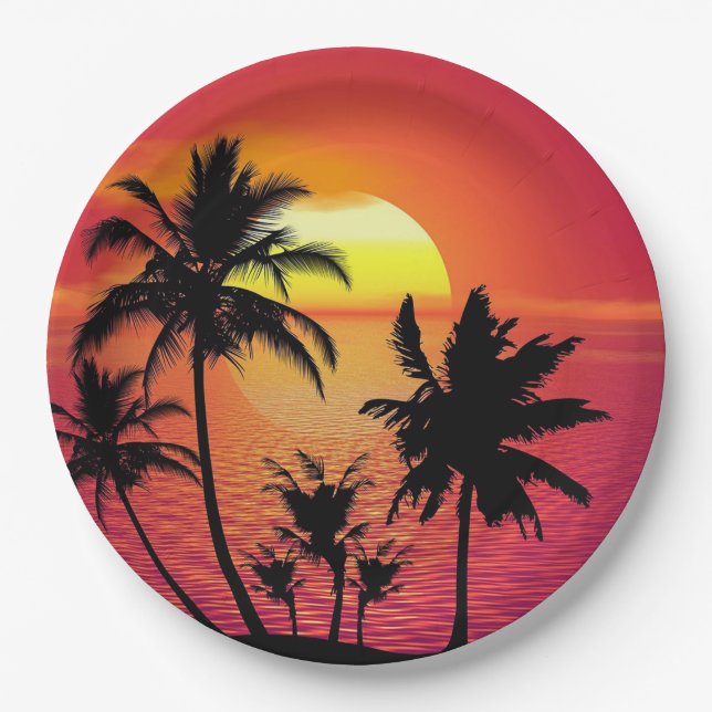 Assiettes En Carton Coucher de soleil tropical (Devant)