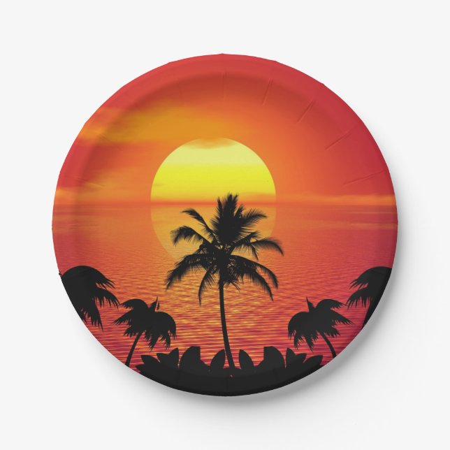 Assiettes En Carton Coucher de soleil tropical (Devant)