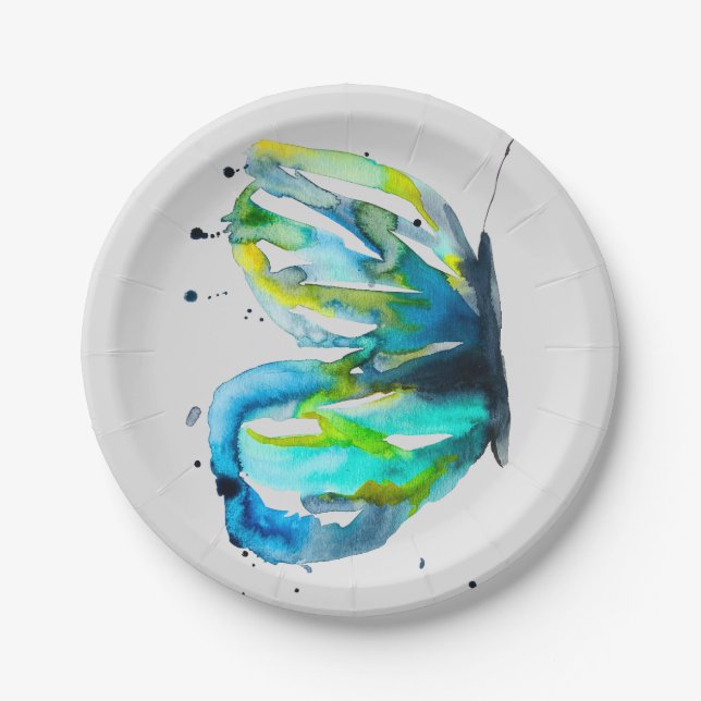 Assiettes En Carton Couleur d'aquarelle d'art papillon bleu (Devant)