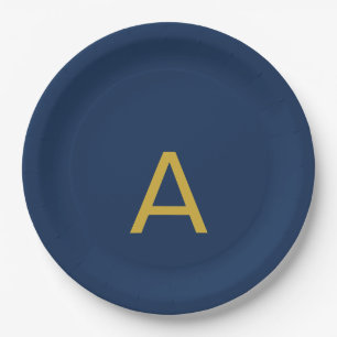 Assiettes En Carton Couleur Or & Bleu Monogramme Initial Professionnel