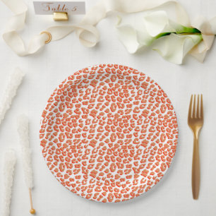 Assiettes En Carton Couleur orange et Empreinte de léopard blanc
