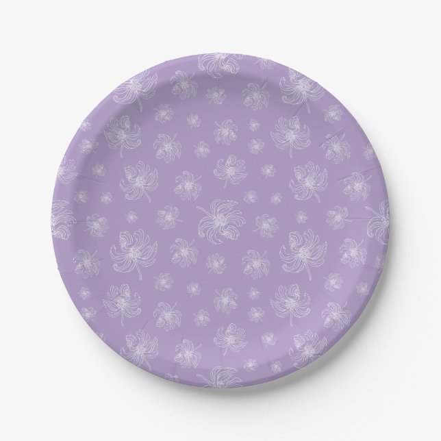 Assiettes En Carton Couleur violet clair et pivoines blanches. (Devant)