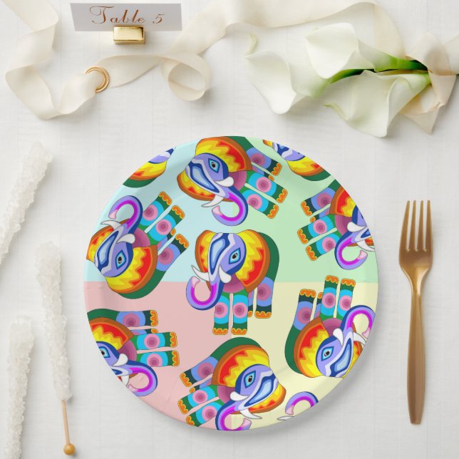 Assiettes En Carton Couleurs arc-en-ciel éléphant (Mariage)