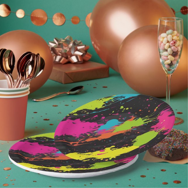 Assiettes En Carton Couleurs néon Retro Paint Splatter (Multi)