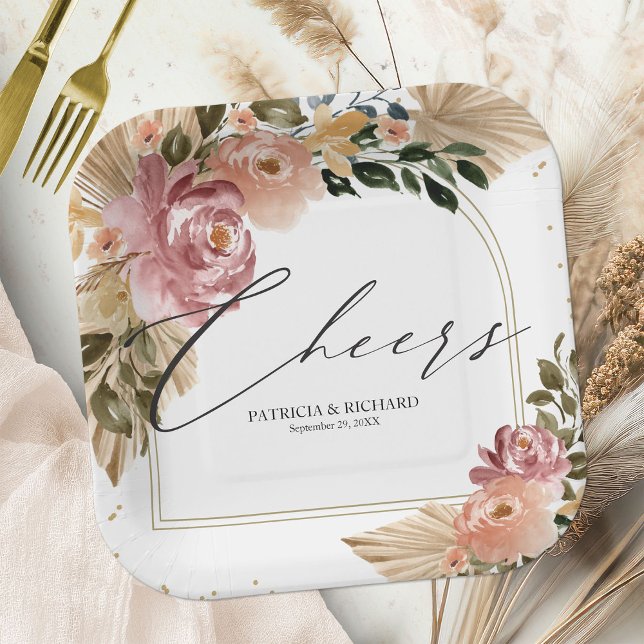 Assiettes En Carton Couleurs neutres chic Boho Floral Mariage (Créateur téléchargé)