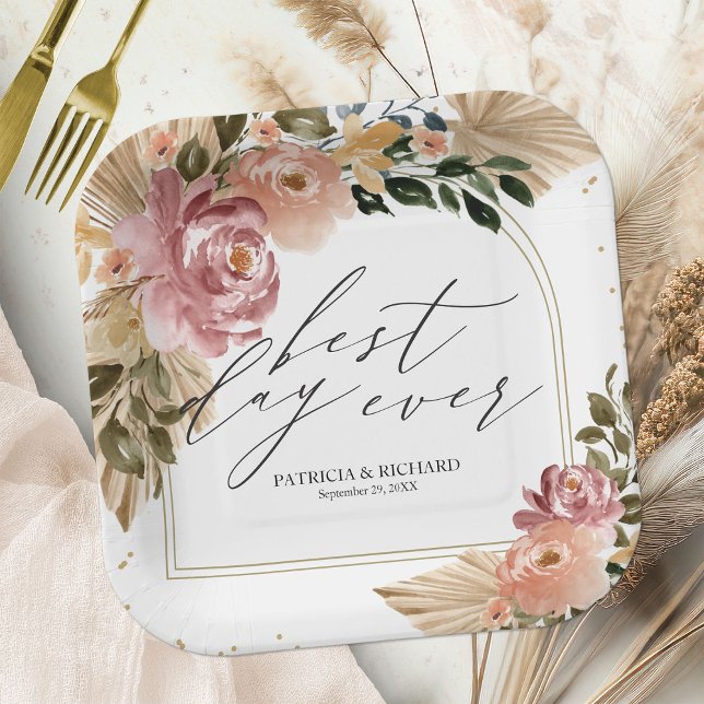 Assiettes En Carton Couleurs Neutres Chic Mariage Floral Bohème (Créateur téléchargé)