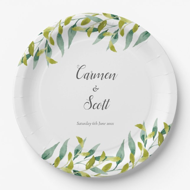 Assiettes En Carton Country Garden Eucalyptus Feuille Mariage vert (Devant)