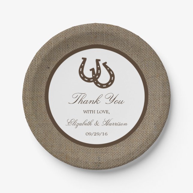 Assiettes En Carton Country Rustic Horseshoe Sur Burlap Mariage (Devant)