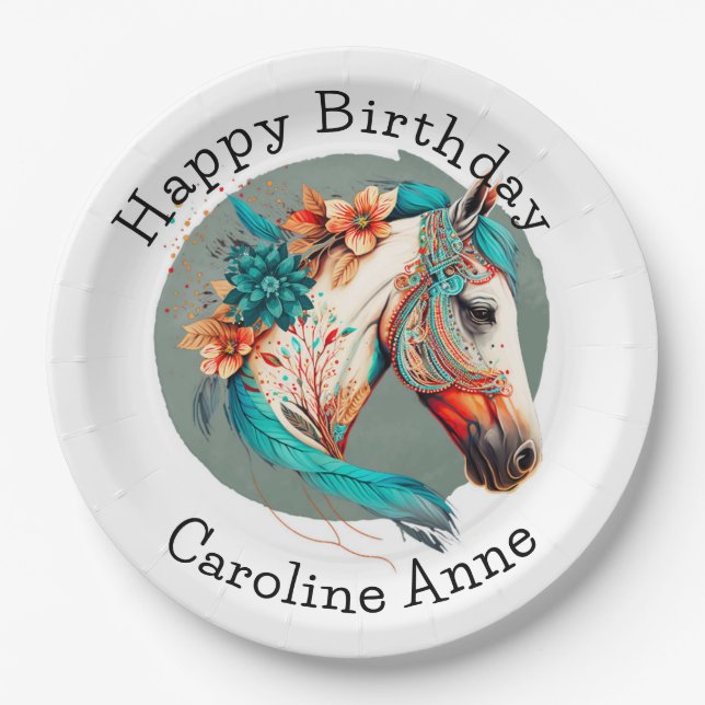 Assiettes En Carton Country Western Boho Horse fête d'anniversaire (Devant)