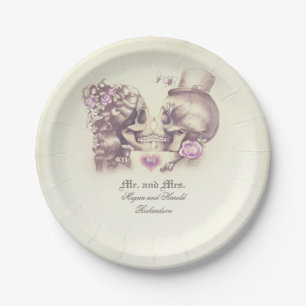 Assiettes En Carton Couple de crâne gothique violet Mariage