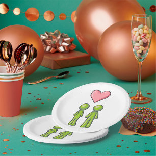 Assiettes En Carton Couple de personnages bâtons verts Cœur rose Amour