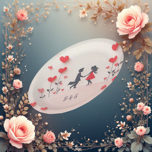 Assiettes En Carton Couple romantique Silhouette coeur rouge mariage