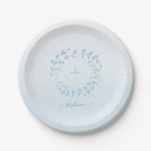 Assiettes En Carton Courbe et croix bleu communion