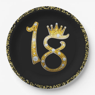 Assiettes En Carton Couronne de 18e anniversaire Glamour Moderne Paill