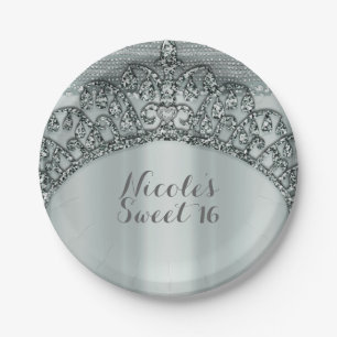 Assiettes En Carton Couronne de Diadème en Argent & Fête Diamantée