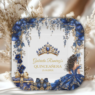 Assiettes En Carton Couronne de Fleurs de Quinceañera en bleu royal et