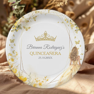 Assiettes En Carton Couronne de fleurs papillons Tiara jaune doré pour