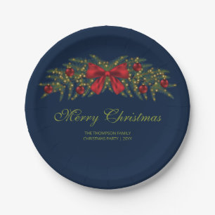 Assiettes En Carton Couronne de Noël avec un nœud rouge et des boules