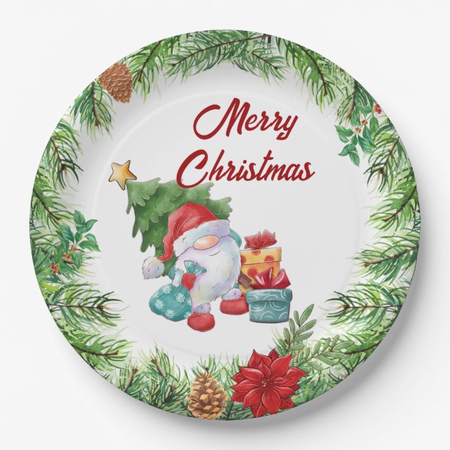 Assiettes En Carton Couronne de Noël et Gnome (Devant)