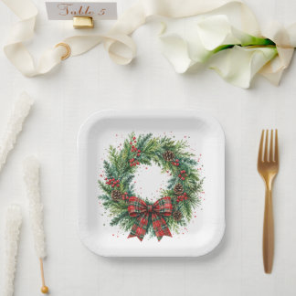 Assiettes En Carton Couronne de Noël Holly & carreaux de Noël