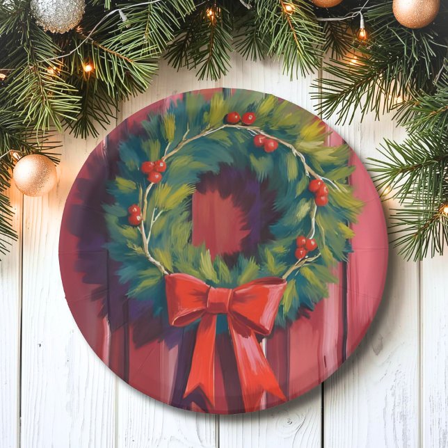 Assiettes En Carton Couronne de Noël Porte Rouge Aquarelle (Créateur téléchargé)