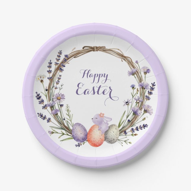 Assiettes En Carton Couronne de Pâques à l'aquarelle lavande Œufs Lapi (Devant)